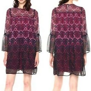 Nanette Lepore Dress Size 2 Purple Floral Lined Bell Sleeve Moody Romance, Sheer